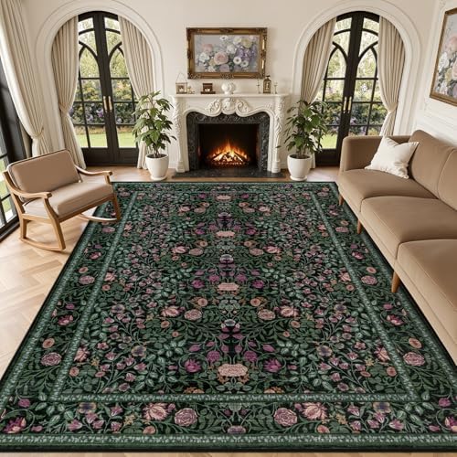 8x10 Area Rug Living Room: Soft Floral Washable Boho Carpet Green by EXPEDIX