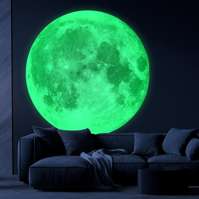 Vancoup 6 Sheets Huge Glow in The Dark Green Moon Wall Stickers Home Decor | Luminous Full Moon Decals Peel & Stick Wall Decor for Kids Room Bedroom Living Room(51.18 inches × 50.39 inches) - Image 5