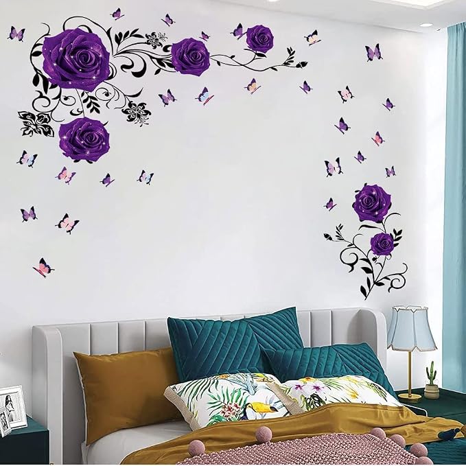 Supzone Purple Rose Wall Stickers Rose Flower Vine Wall Decal Purple Peony Floral Wall Decor DIY Vinyl Mural Art for Bedroom Living Room Sofa Backdrop - Image 2