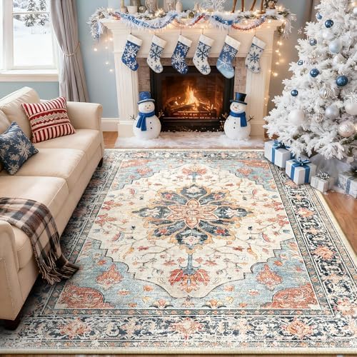 RELEANY Washable Area Rug, 5'x8', Beige/Blue/Orange - Image 2