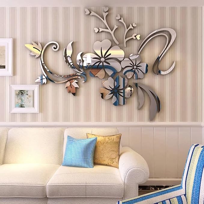 Wall Stickers 3D Flower Mirror - Family Decal Living Room Wall Decor Sticker Home Decorations Room Decor for Office Sofa Bedroom Decals (Silvery L:59 * 78in) - Image 7