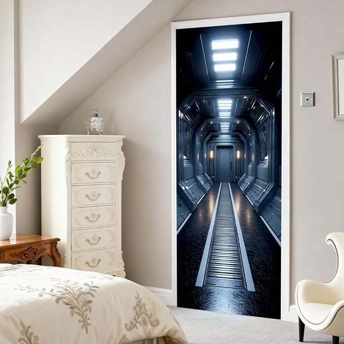 Sci Fi Corridor Door Mural, Futuristic Space Door Cover | Waterproof PVC, 30.3" W x 78.7" L; futuristic corridor design for bedroom, game room, office or closet doors. - Image 7