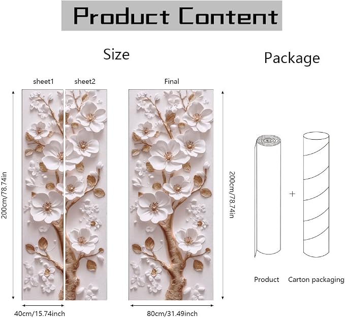 arricraft 2 Pcs Self-Adhesive Door Sticker, 31.5"x78.7" 3D Flower and Golden Branch Door Murals Stickers PVC Removable Wallpaper Decoration for Bedrooms ​Living Room - Image 2