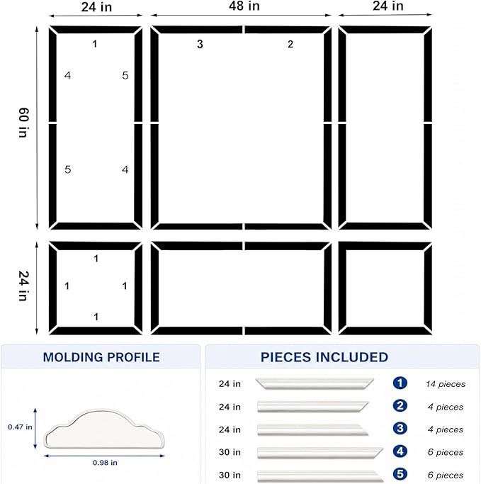 3 Set Peel and Stick Wall Molding Kit,Pre Cut Wainscoting Panels,24x60in | Premade ,Self Adhesive,Paintable,PVC,Ready to Assemble,Wall Decor - Image 2