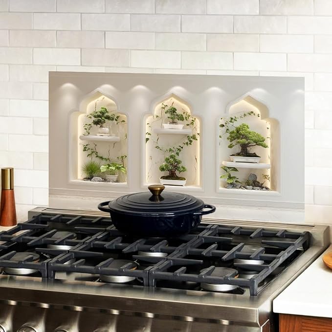 Bonsai Zen Niche Kitchen Backsplash Peel and Stick, 30x16 in | Three arched niches with bonsai and trailing vines under warm LED light; flat 2D waterproof peel and stick; wipe clean; 30x16 - Image 4
