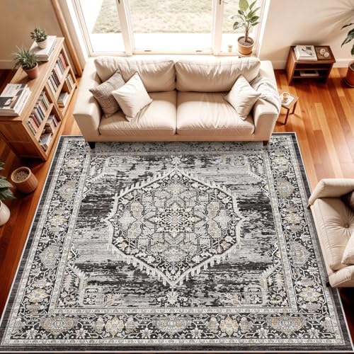 7x7 Area Rug Washable Living Room Rugs: 7ft Square Ultra Thin Soft Oriental Area Rugs Non-Slip Backing Farmhouse Rug Low Pile Thin Stain Resistant Indoor Carpets, 7' x 7' Black - Image 2