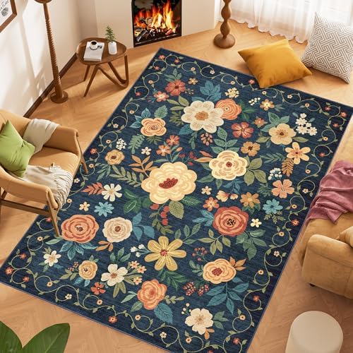 DUKINO 6x9 Area Rugs, Floral Washable Rug for Bedroom Non Slip, Navy Blue - Image 3