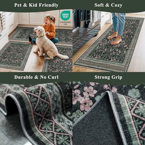 Kitchen Rugs 3 Piece Set, Washable Non-Slip Farmhouse Kitchen Mats for Hardwood Floor, Rustic Floral Boho Runner Rug for Sink,Entryway & Hallway & Bathroom (Dark/Green/Floral,2x3-2x4-2x5) - Image 4