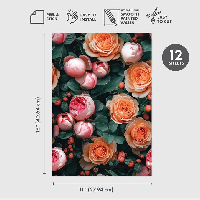 Main Street Peel and Stick Wallpaper Sheets, Fresh Roses, 12-Pack | 11 x 16 in sheet size; Covers up to 14.67 sq ft; Eco-friendly paper material; No paste or additional adhesive required - Image 7