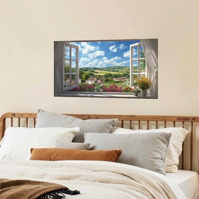 Countryside Village Kitchen Backsplash Peel and Stick, 30x16 in | French window view of flower meadow, rolling hills and village; flat 2D waterproof peel and stick; wipe clean; 30x16 in - Image 7