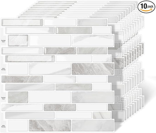 10-Sheet Peel and Stick Kitchen Backsplash Tiles | 3D Waterproof Self Adhesive Wall Tile Stick on Backsplash for Kitchen and Bathroom(Beige White,12"×12") by MOONFUN