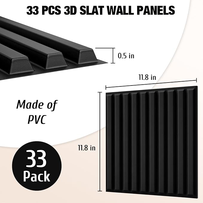 33 Pcs Black 3D PVC Wall Panels 12X12in, Interior Fluted Accent Wall Decor | Modern Decorative Wall Tiles, Textured Wall Panels for Bedroom, Bathroom, Living Room, Ceiling, TV Background - Image 3
