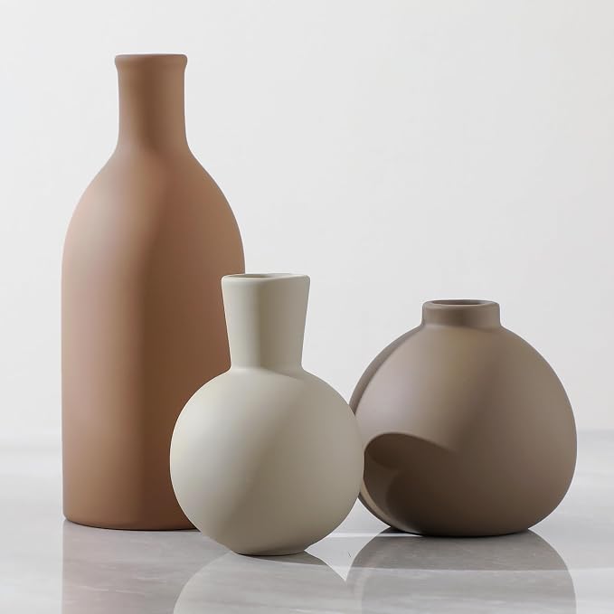 Ceramic Vase Set of 3, Vases Home Decor Rustic Farmhouse Decorative Vase Pottery Vases for Bouquet Pampas Grass Dried Fresh Flowers, Table Living Room Kitchen Bedroom Bathroom - Brown by ooit