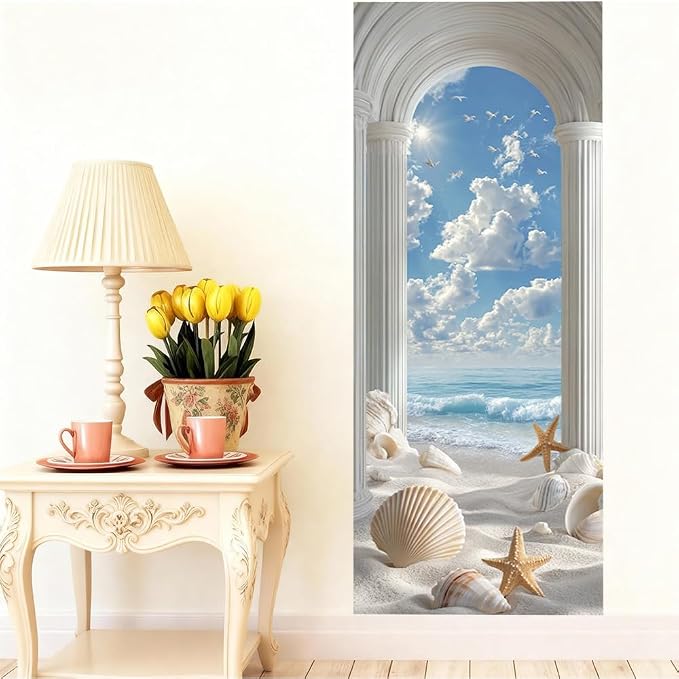 Roman Arch Seashell Beach Door Mural Peel and Stick 30.3x78.7in | 30.3x78.7in Roman arch seashell ocean door mural peel and stick; removable self-adhesive door decal for home decor - Image 4