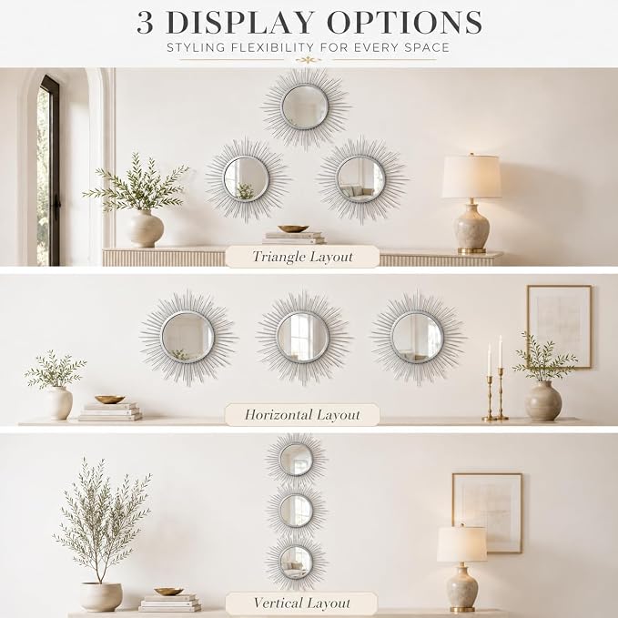 Silver Sunburst Mirror Set of 3, 3PCS Metal Round Decorative Wall Mirrors, Starburst Accent Mirror Wall Decor for Bathroom, Living Room, Bedroom & Entryway - Image 7