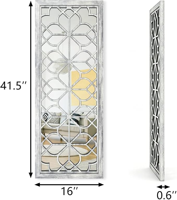 Set of 2 16x41.5 Inch Large Carved Floral Wood Frame Wall Mirrors, Shatterproof Boho Farmhouse Rustic Accent Mirrors for Living Room, Bedroom, Bathroom, Entryway & Home Wall Decor (Gray) - Image 2