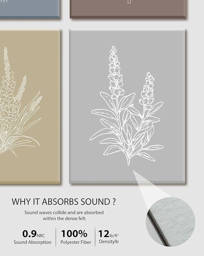 VIYYIEA Acoustic Art Wall Panel, Boho Botanical SoundProof Absorbing Panel | 48×32 in Minimalist Sage Green Floral Home Decor for Bedroom Recording Room, 8pcs Acoustical Colorful 3D Bulletin Board - Image 7