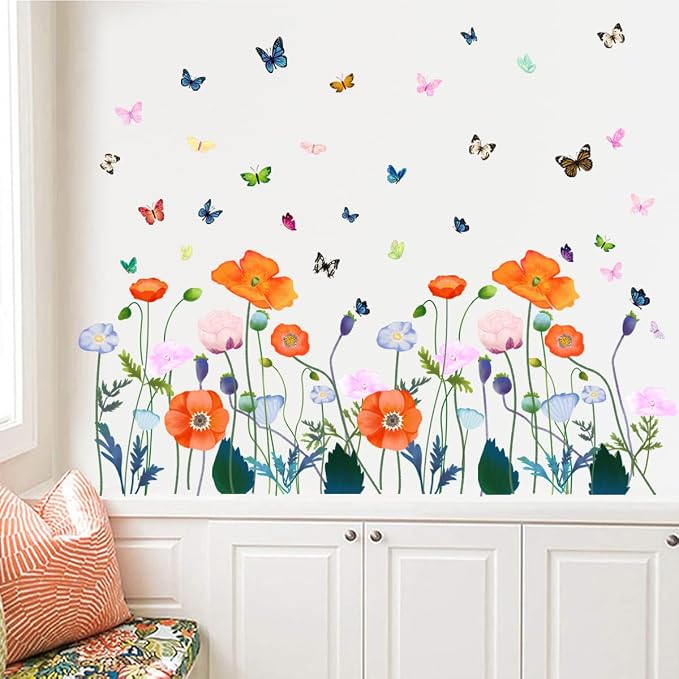 6 Pieces Flowers Wall Decals Vinyl Flowers Wall Stickers Removable Floral Murals Peel and Stick Colorful Flower Decor for Girls Bedroom Living Room Nursery (Orange) - Image 5