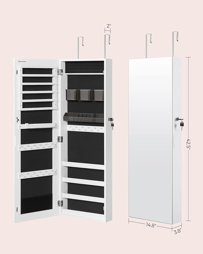 SONGMICS Mirror Jewelry Cabinet Armoire, Wall or Door Mounted, Lockable - Image 6