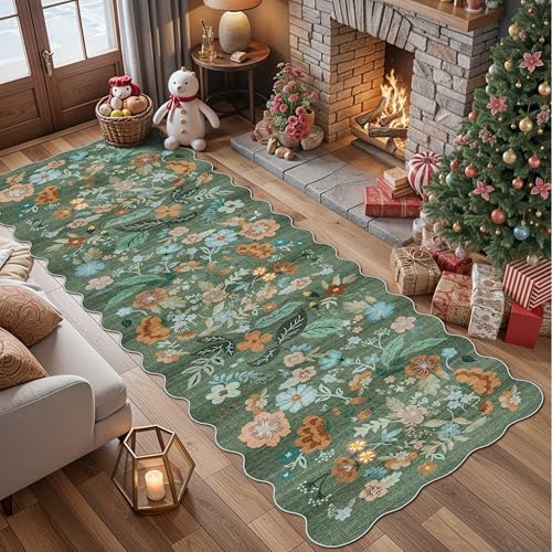 Washable 3x10 Hallway Runner Rug: Floral Scalloped Soft Runners for Entryway Kitchen Nursery Non Slip Bathroom Floor Mat Water Resistant Light Weight Carpet for Living Room Bedroom (3x10 Floral/Green) by HYHAOYUNLAI