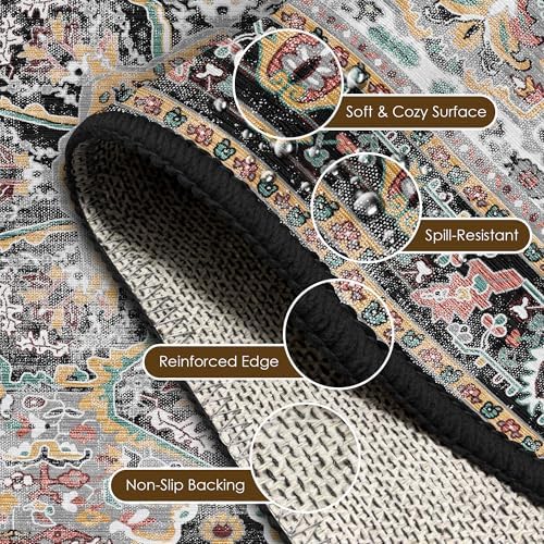 Washable Area Rug 2'6'' x 8' Vintage Traditional Persian Mat - Foldable Distressed Non-Slip Machine Washable Carpet for Living Room Bedroom Kitchen Home Decor - Slate and Multicolor - Image 6