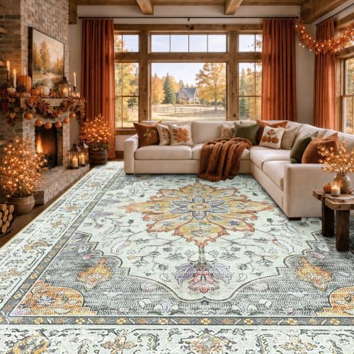 RELEANY Washable Area Rug, Large 9'x12', Beige/Carbon Grey/Orange by RELEANY