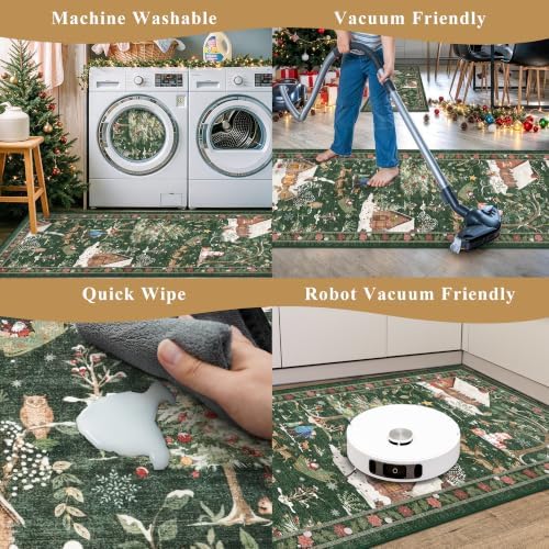 Holiday Christmas Rugs Kitchen Sets of 3, Green Washable Throw Kitchen Mat Low Pile Soft Non-Slip with Rubber Backing for Sink Floor Mat ＆ Hallway, Entryway - Image 4
