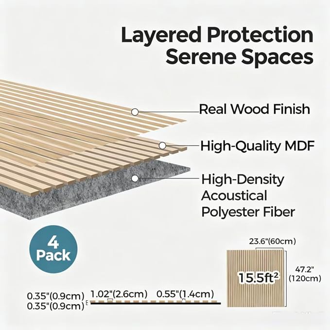 AKUMAX Wood Slat Acoustic Wall Panels, 4 Pack 24 x 48 in Each, 31 ft², NRC 0.80 Sound Absorbing 3D Slat Wall Paneling with Real Wood Veneer, E0 MDF and PET Felt, Classic Oak - Image 3