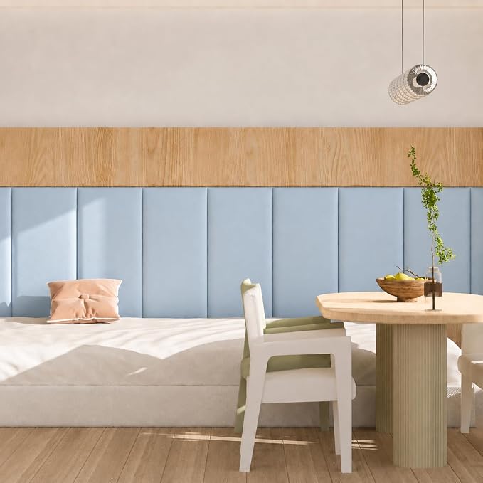 Anti Collision Wall Padding for Kids, Upholstered 3D Wall Panels | 4 Packs 7.8'' x 15.7'' Peel and Stick Headboard, Self Adhesive Wall Pads for Kids, Bedroom, Living Room, Blue (Smog) - Image 6