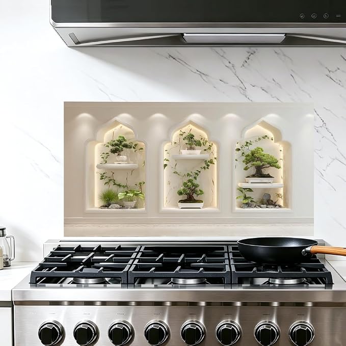 Bonsai Zen Niche Kitchen Backsplash Peel and Stick, 30x16 in | Three arched niches with bonsai and trailing vines under warm LED light; flat 2D waterproof peel and stick; wipe clean; 30x16 - Image 2