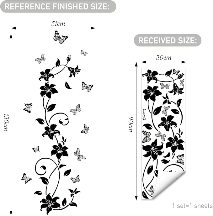 SHUCHING Black Flower Vine Butterfly Wall Decals for Bathroom | Simplicity Floral Wall Sticker, Shower Door Decals for Glass, Wall Decor Art for Bedroom Office - Image 5