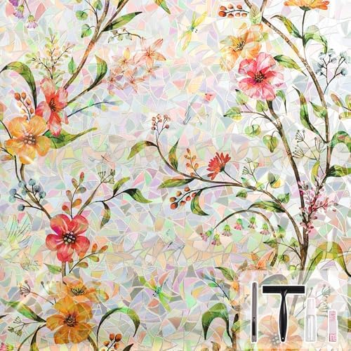 NINETREX Window Privacy Film, Rainbow Stained Glass Floral, 17.5"x78.7" by NINETREX