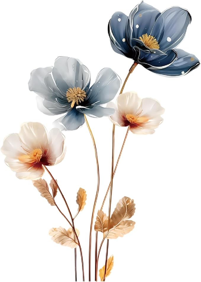 Gold Leaf Blue Flower Wall Decal PVC Wall Sticker Vintage Watercolor Floral Wall Art for Living Room Bedroom Home Decor by dechom