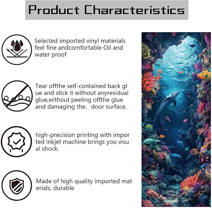 arricraft 2 Pcs Self-Adhesive Door Sticker, 31.5"x78.7" Sea Creature Door Murals Stickers Dolphins PVC Door Removable Wallpaper Decoration for Bedrooms ​Living Room - Image 3