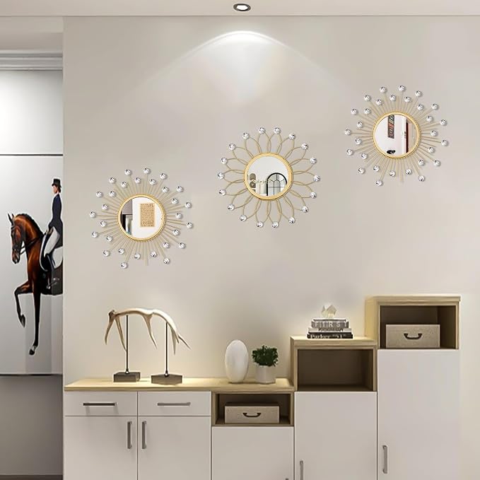 3 Pack Metal Mirrors for Wall Sunburst Wall Mirrors Home Décor Decorative Hanging Wall Art for Living Room Bedroom Entryway (Gold Crystal, Flower+Sunburst) - Image 3