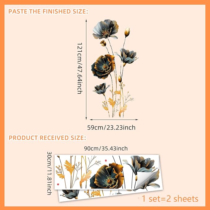 TUOKING Black Gold Flowers Wall Stickers Decor Removable Wall Murals | Peel and Stick Wall Art Decal Home Decor for Kitchen,Bedroom,Living Room(MS3241) - Image 6