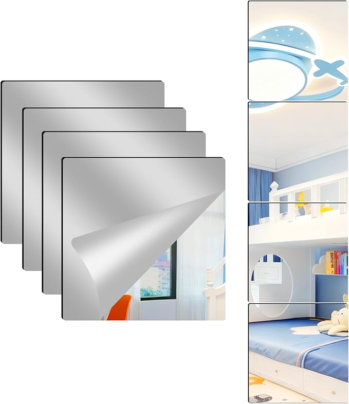 4 Pack Acrylic Mirrors for Wall,14 x 14 Inch Self Adhesive Frameless Small Mirror Tiles, Flexible Plastic Mirror Sheets for Bedroom Home Gym Door (14"X14"-4Pcs) by Unknown