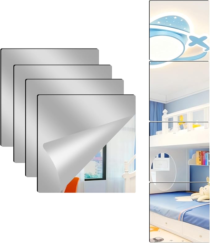 4 Pack Acrylic Mirrors for Wall,8 x 8 Inch Self Adhesive Frameless Small Mirror Tiles, Flexible Plastic Mirror Sheets for Bedroom Home Gym Door (8"X8"-4Pcs) by Unknown