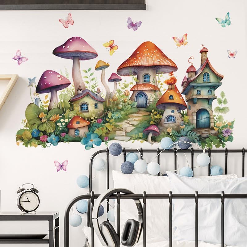 2 Sheets Colorful Cartoon Mushroom House Wall Stickers Removable DIY Green Plants and Flower Wall Stickers Viny Colorful Butterfly Wall Decal for Girls Home Nursery Bedroom Bathroom Decoration - Image 6