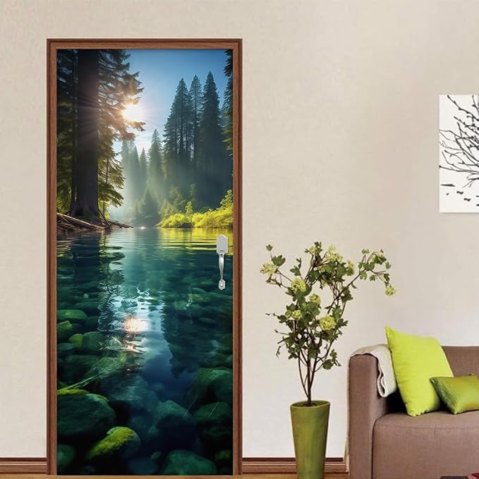 REDAMANCY Blue Green Forest River Jungle Landscape Peel and Stick Door Stickers Vinyl 3D Door Mural Decals Decor Modern Door Wallpaper Self-Adhesive, Waterproof, Removable - Image 4