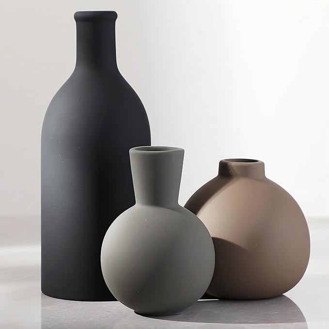 Ceramic Vase Set of 3 | Neutral Vases Home Decor | Modern Flower Pottery Vases Rustic Farmhouse Vase for Table Entryway Mantel Centerpiece Bookshelf Living Room Bathroom Bedroom -Multicolor Large by ooit
