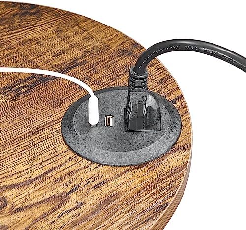 BEWISHOME Round End Table with Charging Station, Rustic Brown - Image 7
