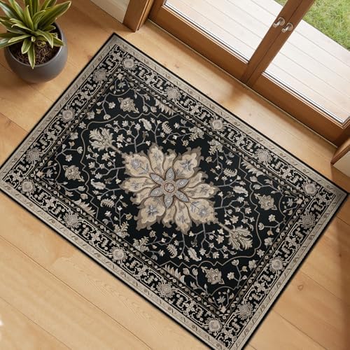 RELEANY Washable Area Rug, Small 2'x3', Black/Neutral by RELEANY