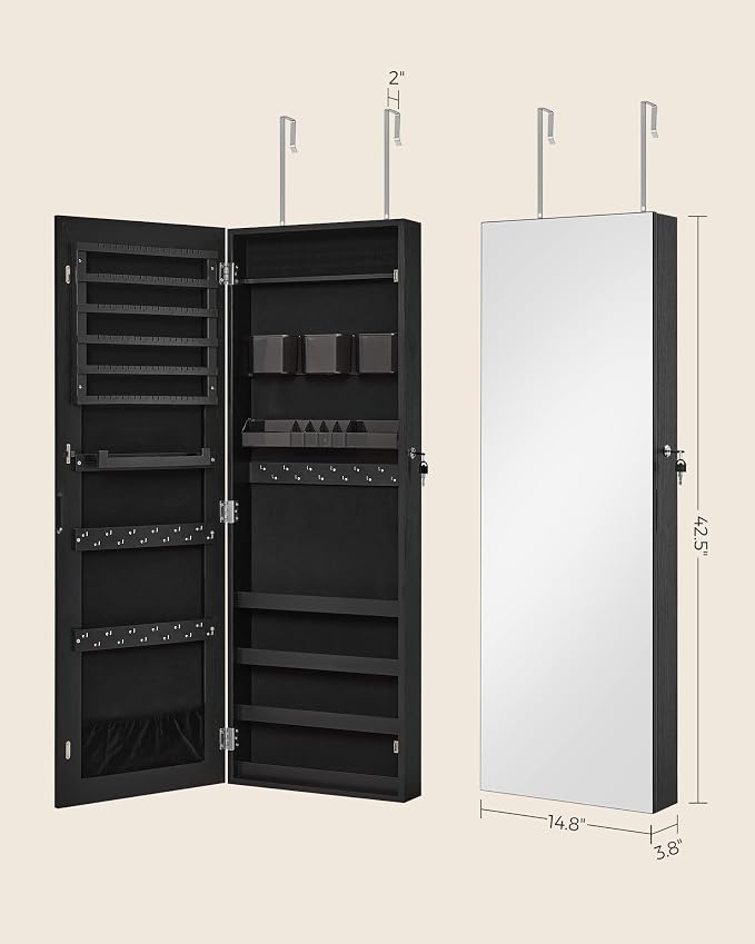 SONGMICS Mirror Jewelry Cabinet Armoire, Wall or Door Mounted, Lockable - Image 6