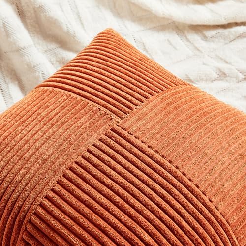 Fancy Homi Set of 2 Burnt Orange Lumbar Decorative Throw Pillow Covers 20x28 Inch for Living Room Couch Bed, Boho Farmhouse Fall Home Decor, Soft Corduroy Corss Patchwork Cushion Case 50x70 cm - Image 3