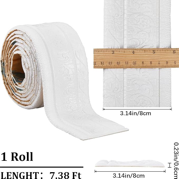 CRASPIRE 88 x 3.35 Inch White Crown Molding Peel and Stick Self Adhesive Flexible Foam Trim 3D Decorative Wallpaper Border Wall Edging Foam Baseboard Mirror Border Wall Lines Hotel DIY Decor - Image 2