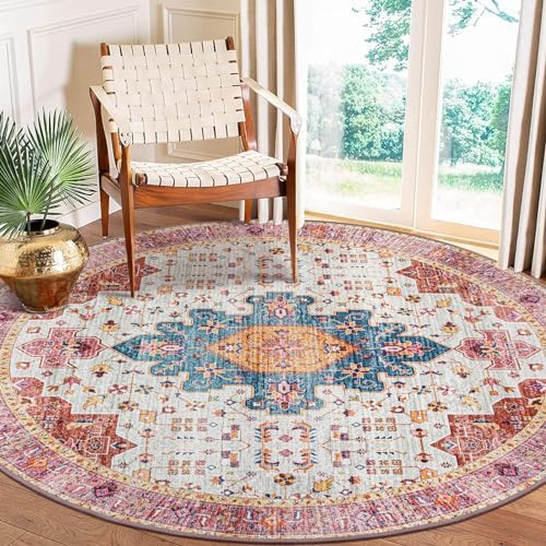 Moynesa Ultra-Thin Washable Round Rug - 6ft Pink Large Living Room Circle Area Rugs, Vintage Dining Room Mat Stain Resistant Nursery Carpet for Bedroom Mudroom Kitchen Apartment Home Office by Moynesa