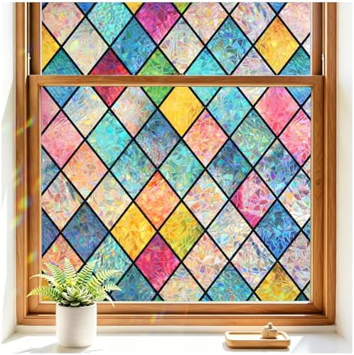 Haton Stained Glass Window Film, Rainbow Lattice Stickers, 17.5" x 118.1" by HatonHomeDecor