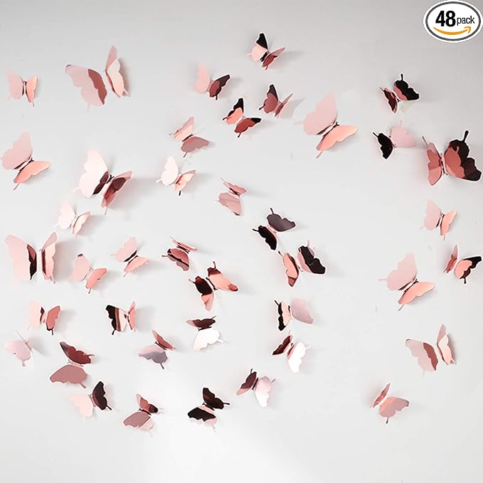 BBTO 48 Pcs 3D Butterfly Mirror Wall Decor,Rose Gold | Butterfly Stickers,3 Sizes,for Birthday Party Cake,Room Nursery Bathroom Wall Decor,Removable Peel Stick,Reflective by BBTO