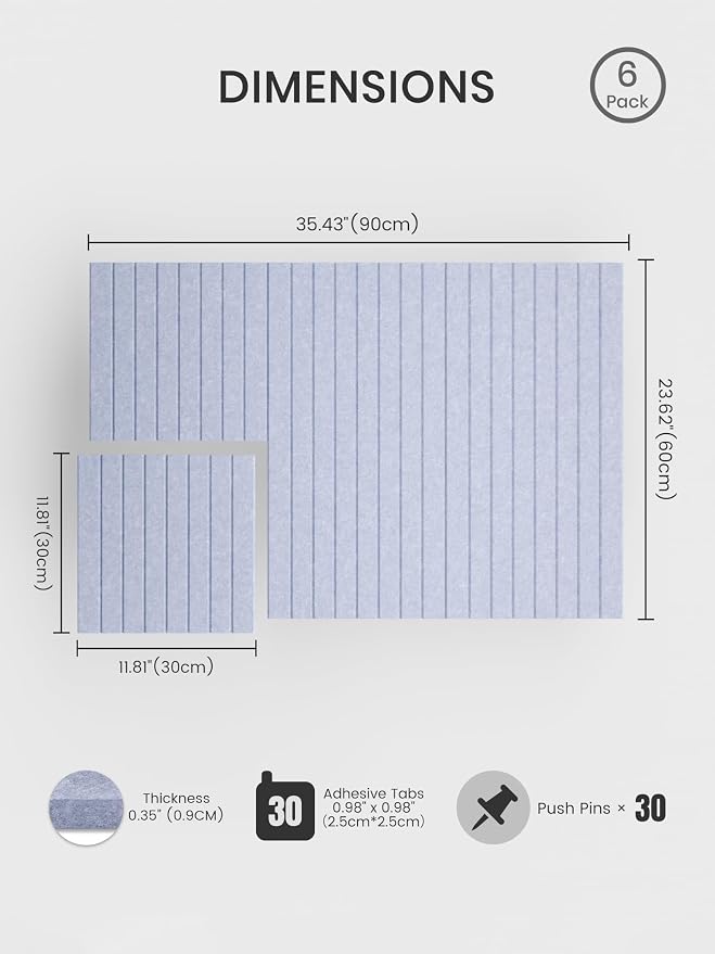 Bumusty 36"x 24" Large Felt Bulletin Board Tiles,Soft Periwinkle | 6-Pack Cork Board Alternative, Wall Decor, 30 Pushpins, 30 Adhesive Tabs, Vision Board, Office, Classroom, Home, Dorm - Image 2